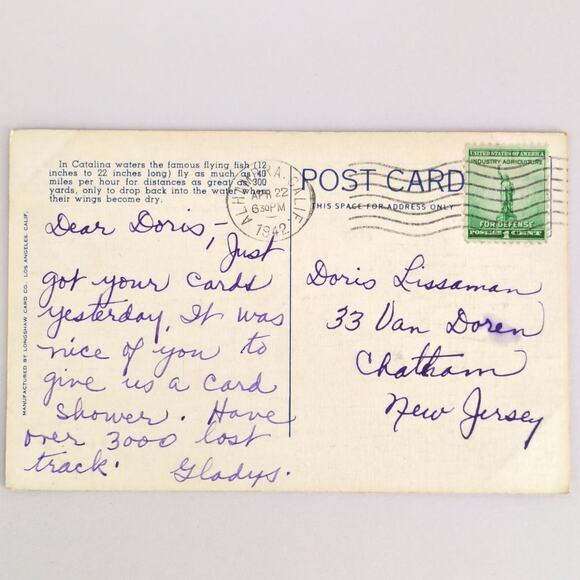 Vtg 1942 Linen Postcard Flying Fish At Night Santa Catalina Island California - Picture 2 of 2